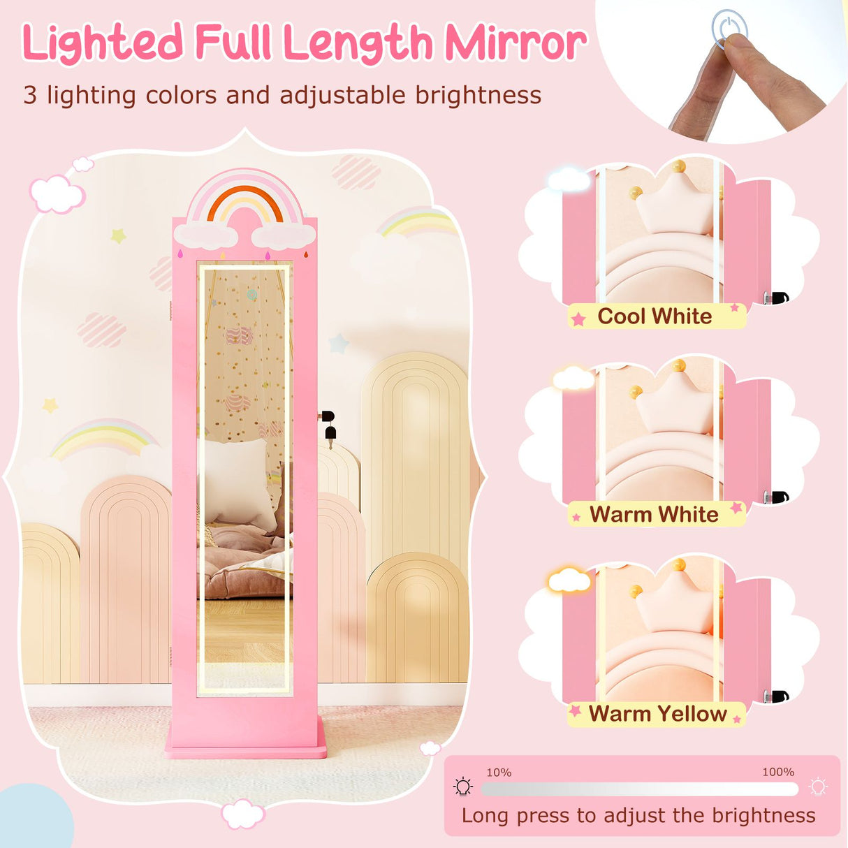 Lighted full-length mirror with pink frame on a pink background, showing three lighting color options.