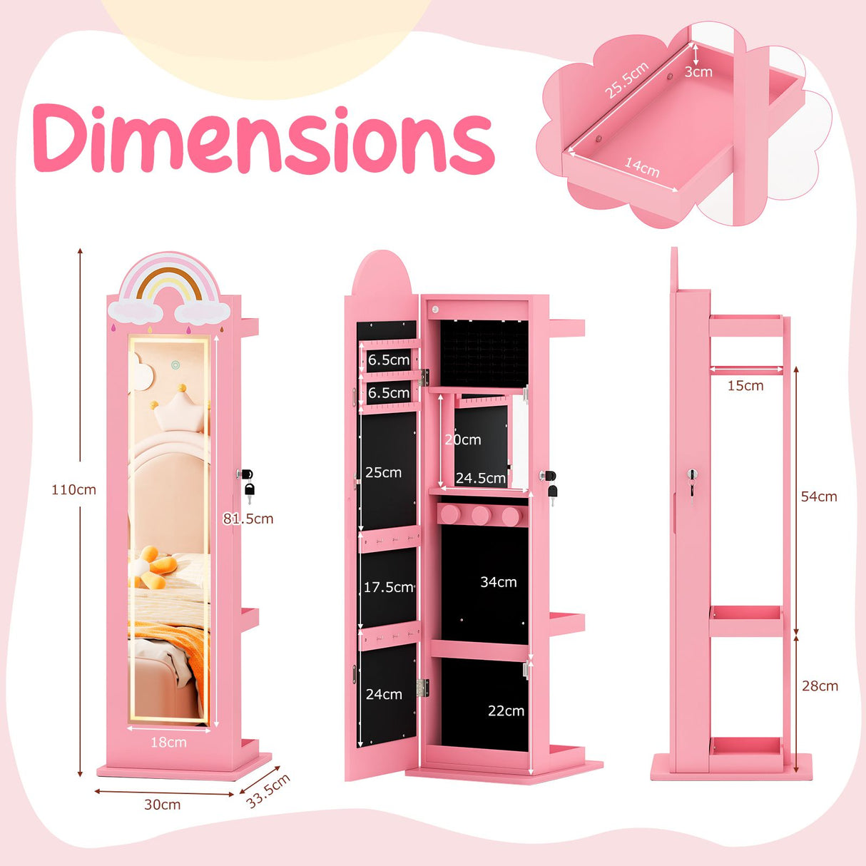 Standing Children Jewelry Organizer with Lights & Full-Length Mirror, Princess Jewelry Armoire