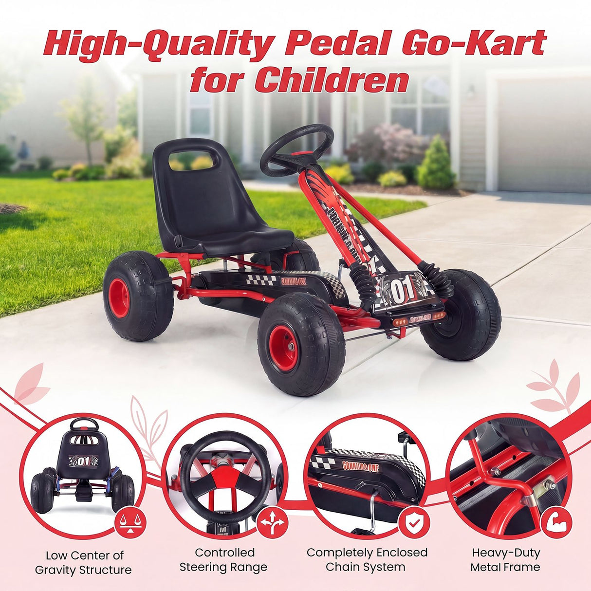 Kids Pedal Go Kart with Steering Wheel and Wear-Resistant Wheels for Boys and Girls
