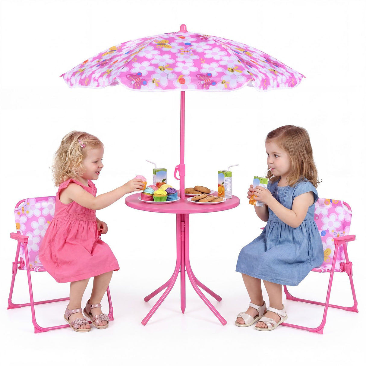 Kids Picnic Table with 2 Folding Chairs and Height Adjustable Umbrella for Garden
