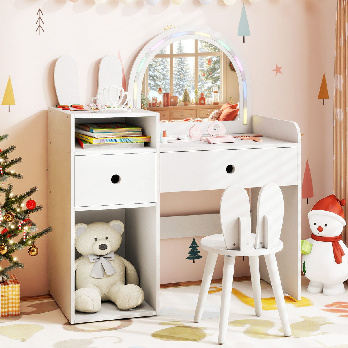 Children's vanity table with mirror, chair, and toys in a festive room.
