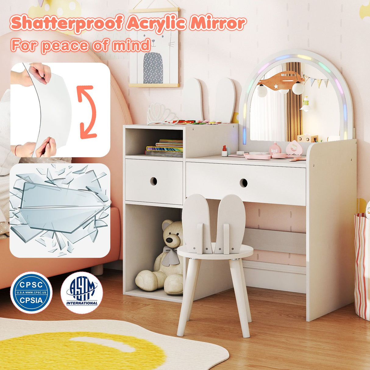 Children's room with a white vanity table, mirror, and chair, featuring shatterproof acrylic mirror technology.