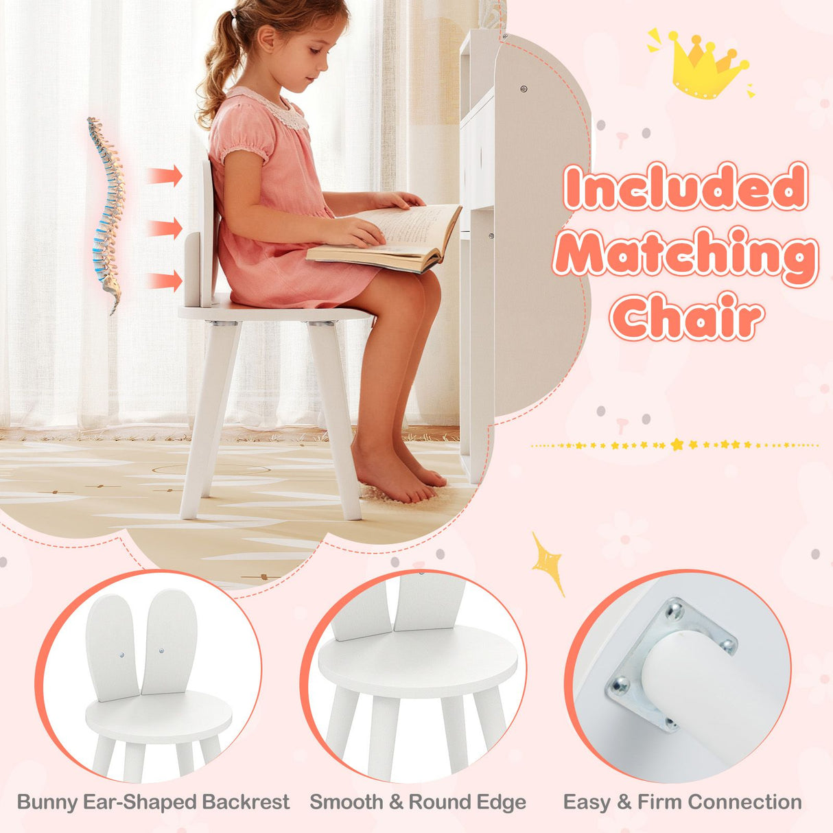 Child sitting on a white chair reading a book with text about included matching chairs.