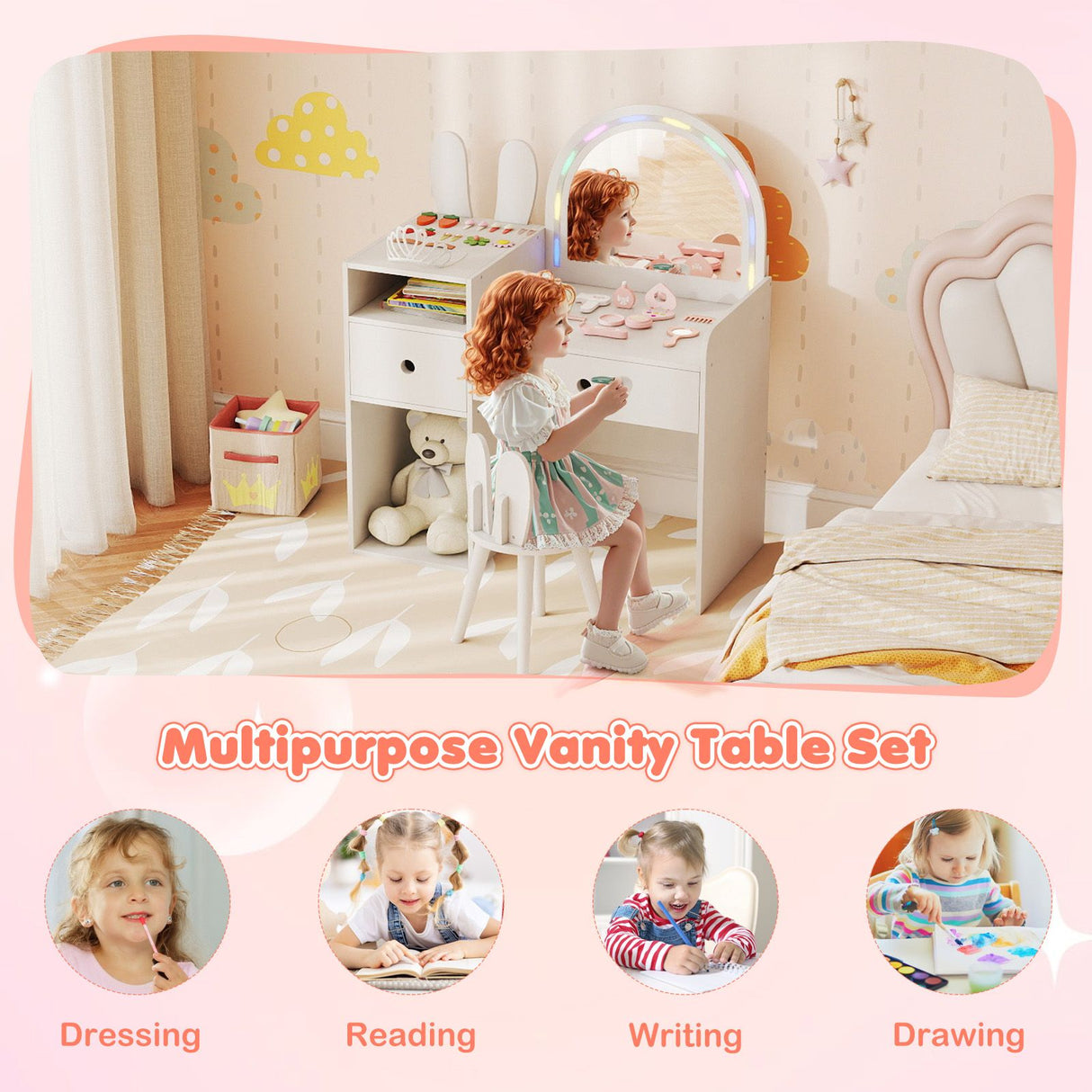 Children's vanity table set with mirror and stool in a bedroom setting.