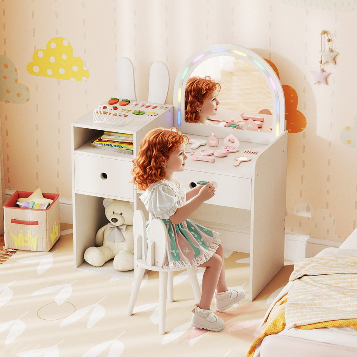 Child sitting at a vanity table with a mirror in a child's bedroom