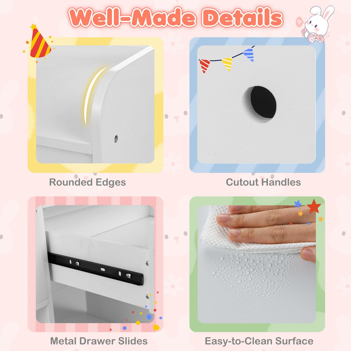 Product features with rounded edges, cutout handles, metal drawer slides, and easy-to-clean surface on a colorful background.