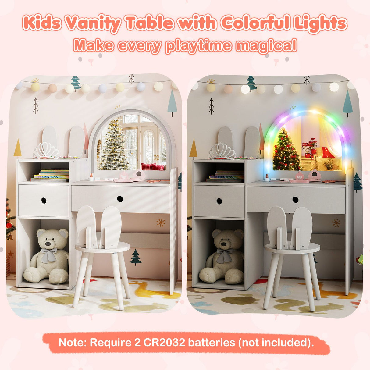 Children's vanity table with colorful lights and a teddy bear on a colorful rug.