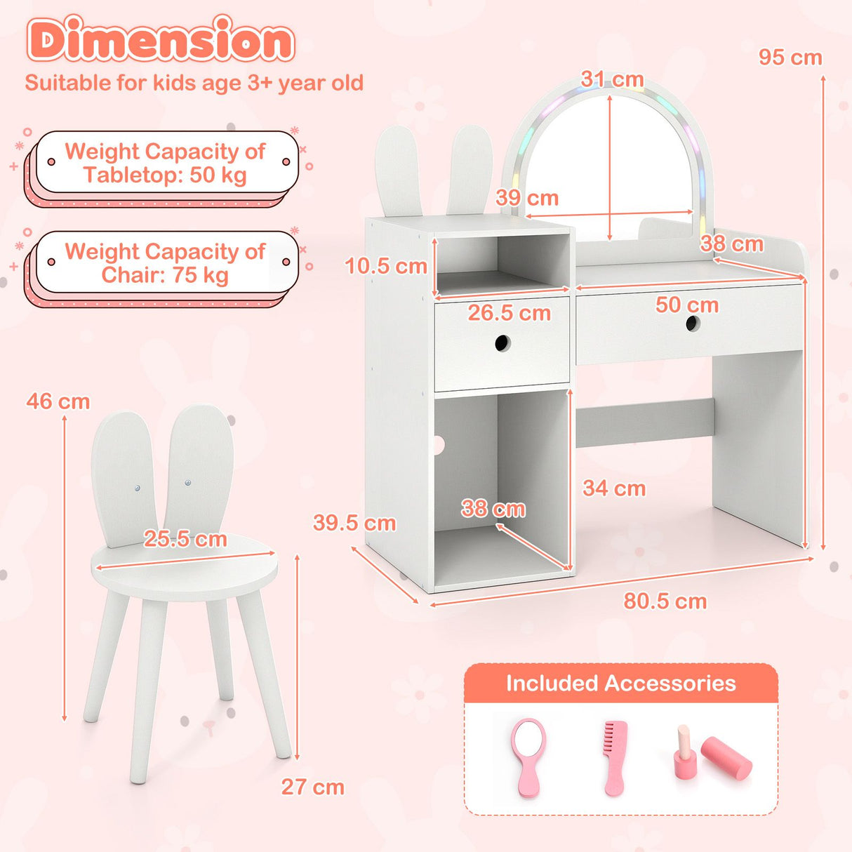 Children's vanity table and chair set with dimensions and included accessories on a pink background