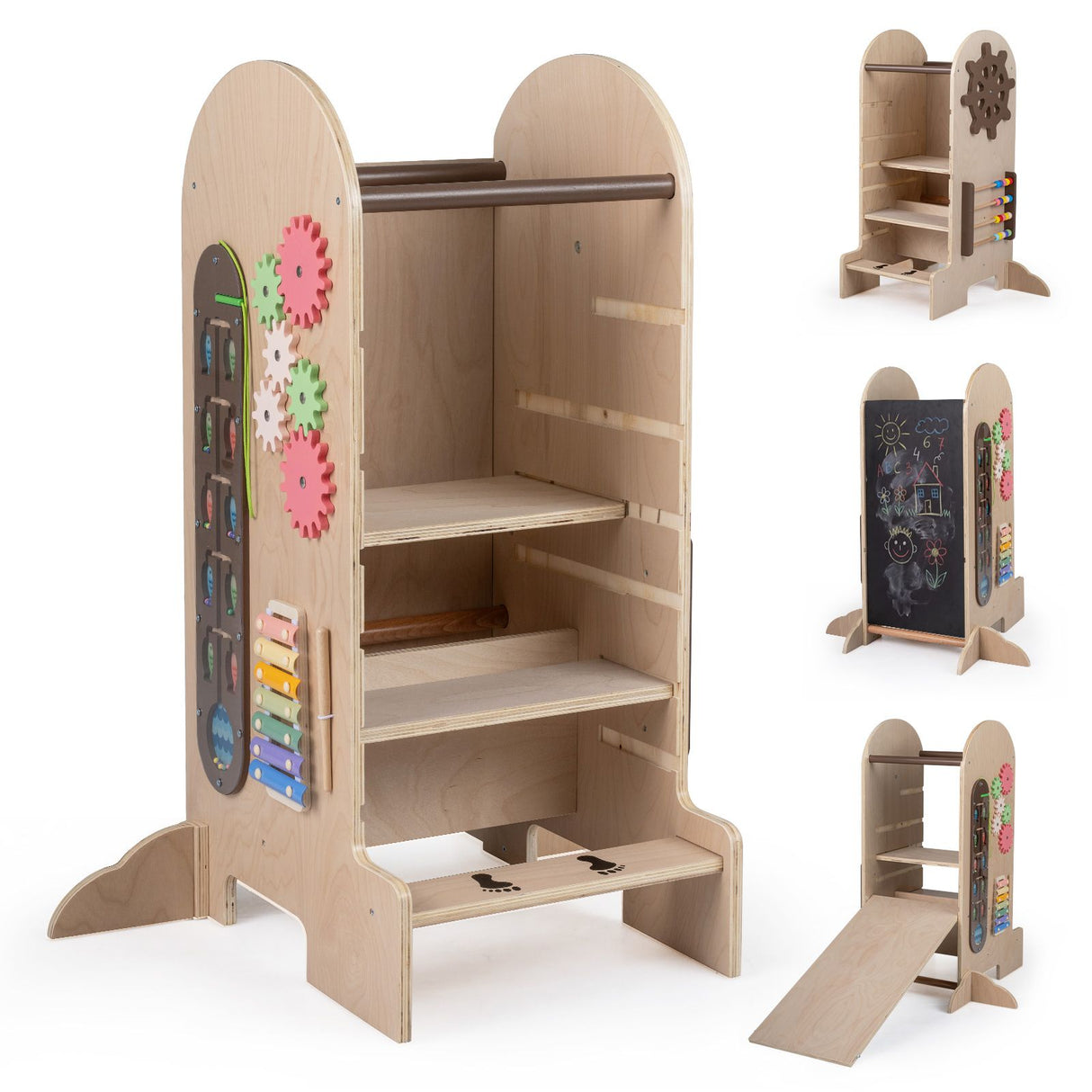 Toddler Learning Tower with Adjustable Height Chalkboard Slide and Safety Rails