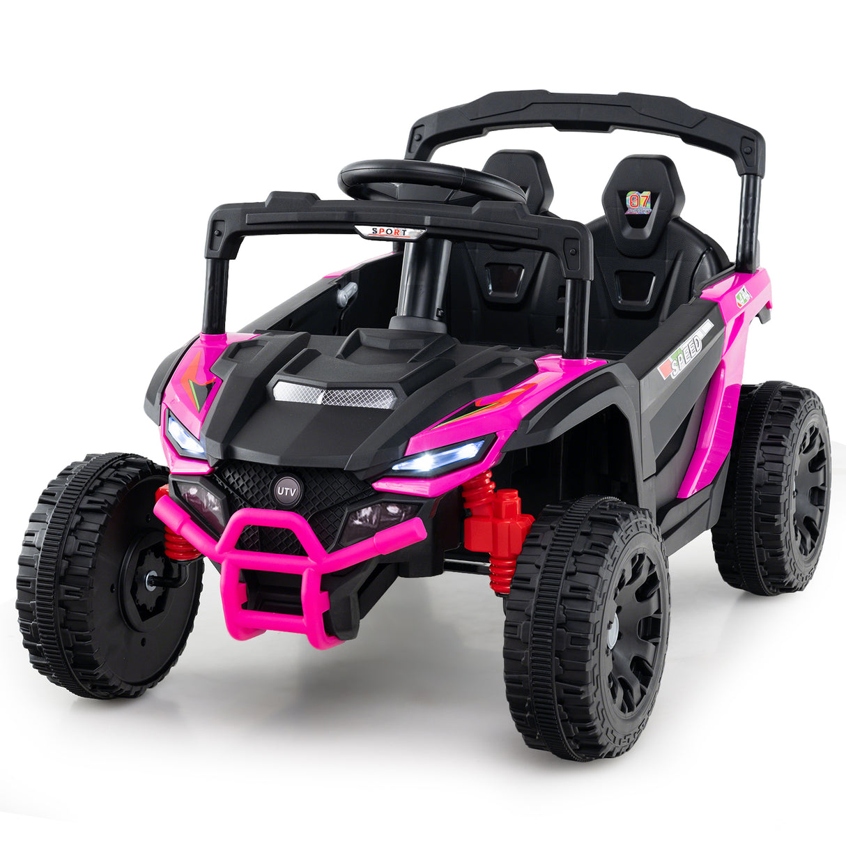 Pink and black toy off-road vehicle on a white background