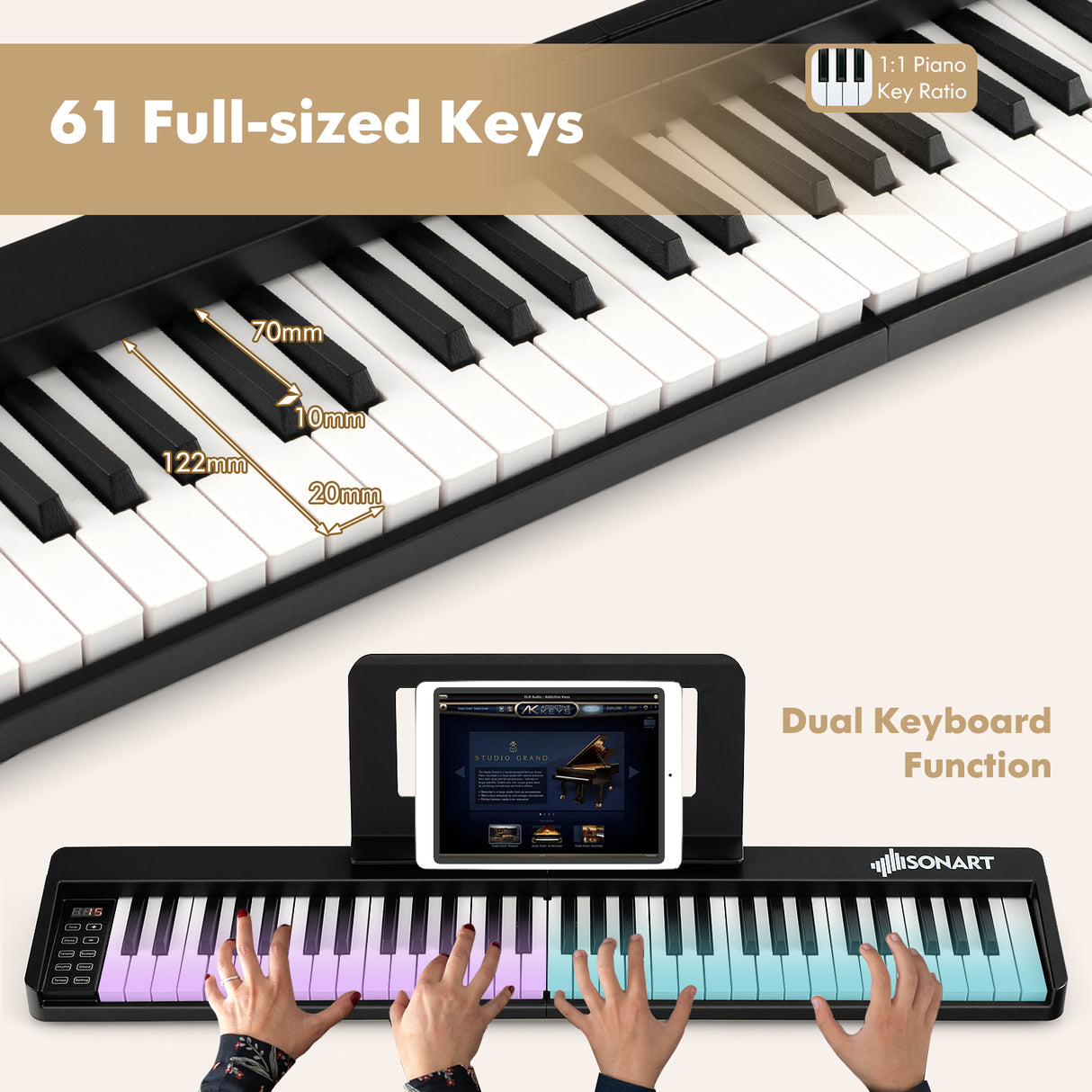 HONEY JOY Foldable 61-Key Piano Keyboard, Portable Electric Piano w/Full Size Keys, Music Stand (Black)