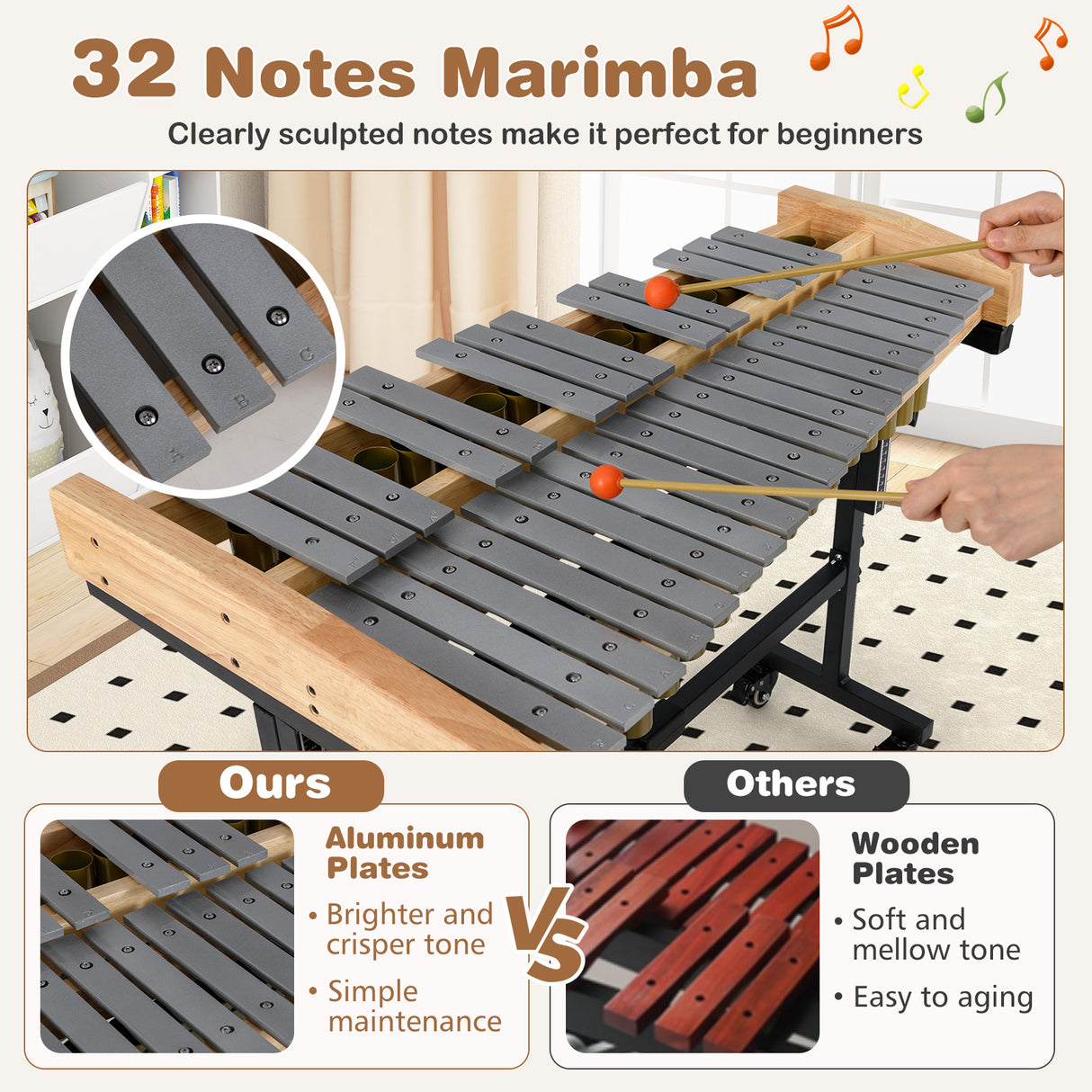 32 Note Marimba, Aluminum Xylophone, Adjustable Stand & Lockable Wheels for Beginners