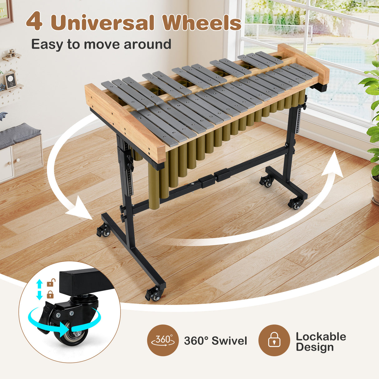 32 Note Marimba, Aluminum Xylophone, Adjustable Stand & Lockable Wheels for Beginners