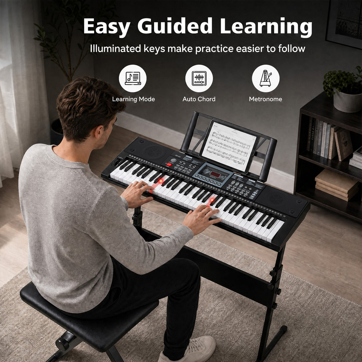 61 Key Keyboard Piano for Beginners w/ Stand, Stool, Lighted Keys