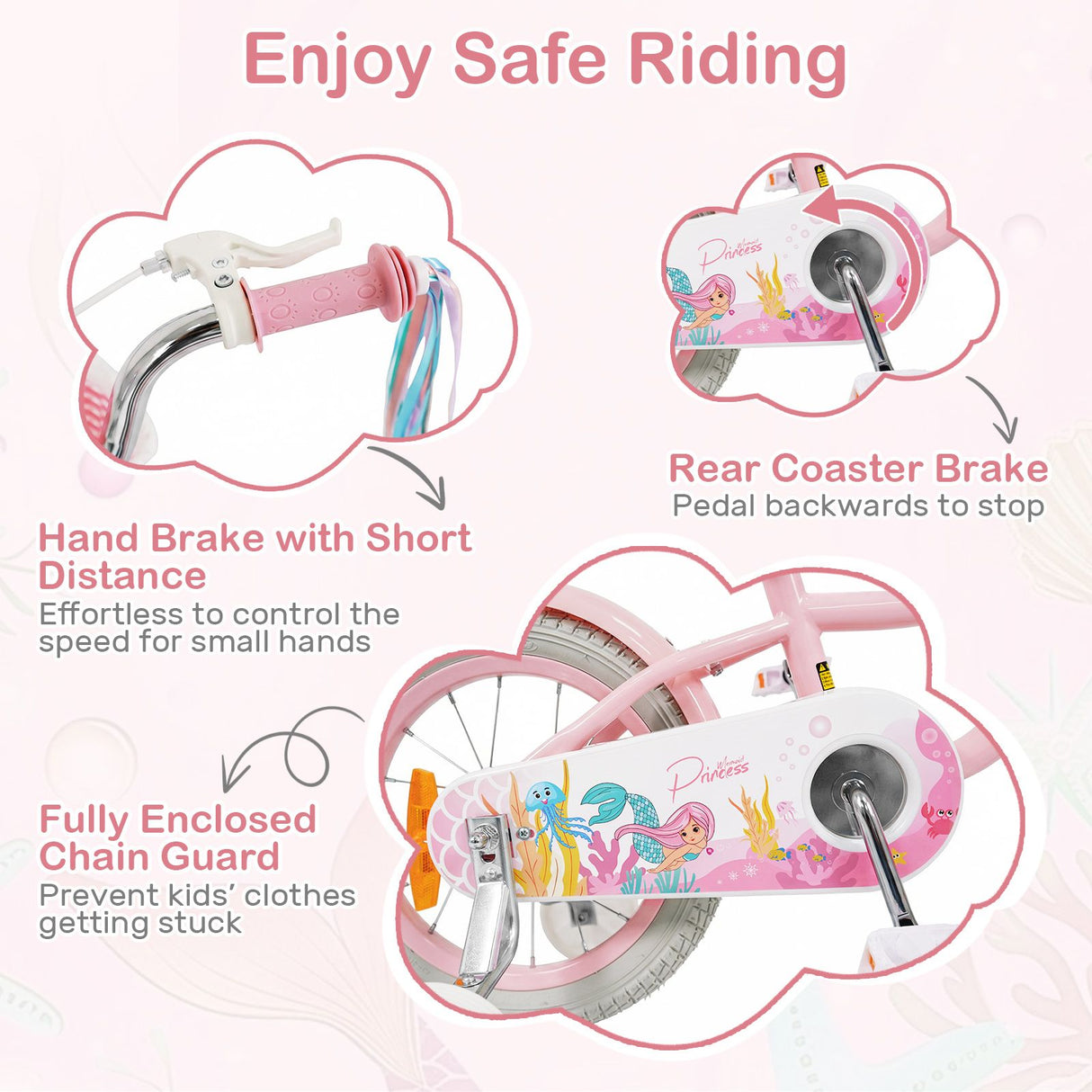 Mermaid Girls Bike with Adjustable Seat and Handlebar for Kids Aged 8+ Years Old