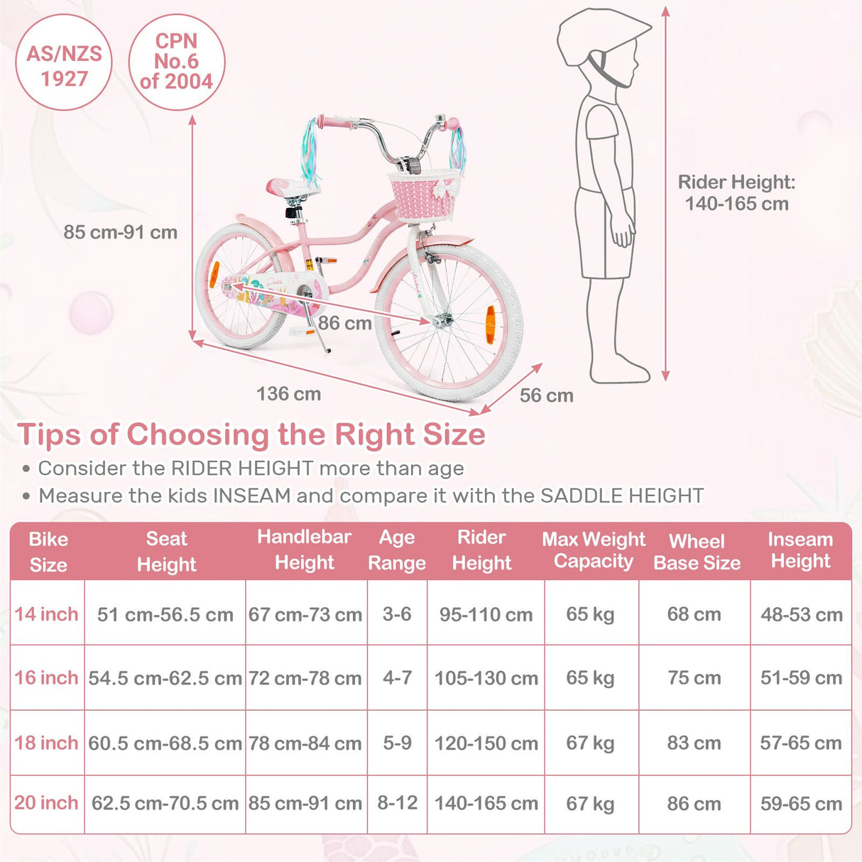 Mermaid Girls Bike with Adjustable Seat and Handlebar for Kids Aged 8+ Years Old