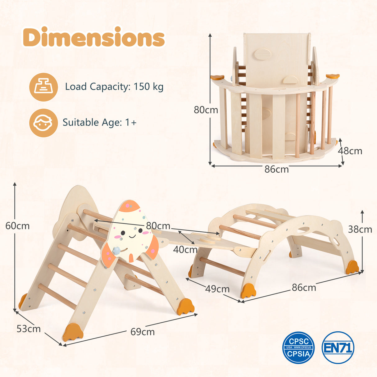 8-in-1 Climbing Toys for Toddlers, Rocket-Themed Foldable Montessori Wooden Arch Climber