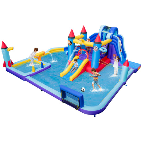 Children playing on a colorful inflatable water park with slides and pools.