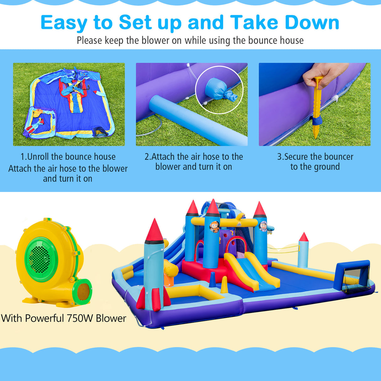 Inflatable bounce house with setup instructions and blower on a blue background