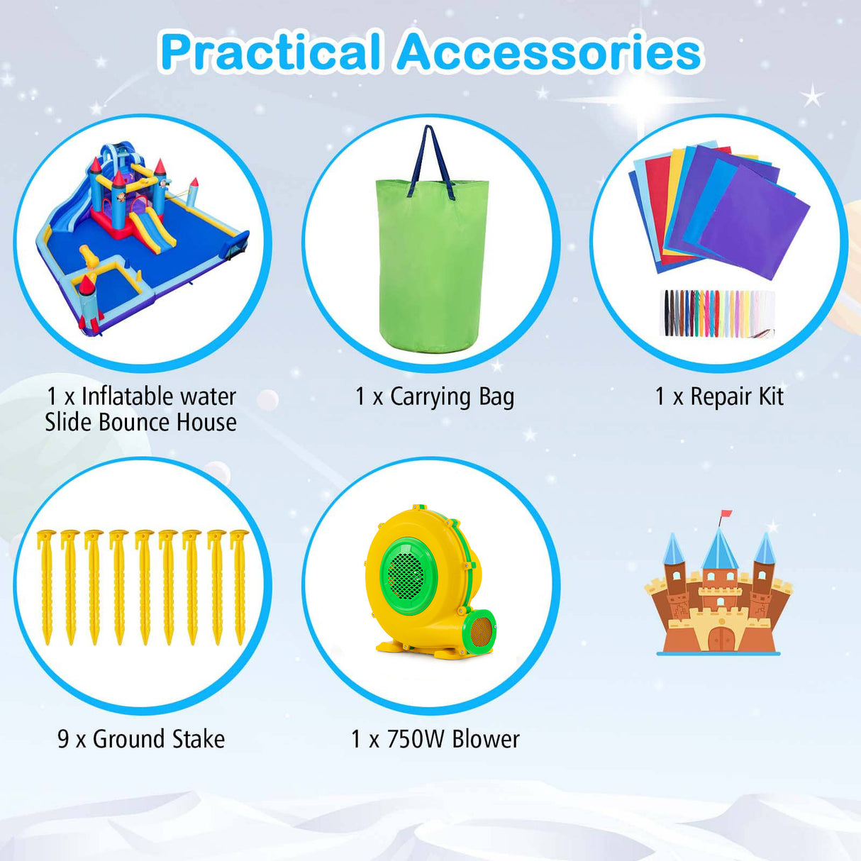 Set of practical accessories including inflatable water slide, carrying bag, repair kit, ground stakes, blower, and castle toy on a light blue background.