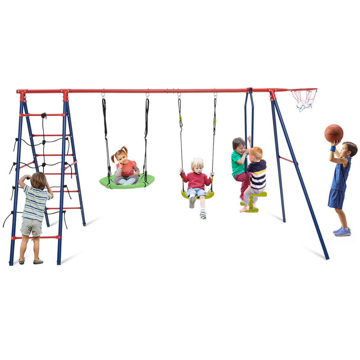 HONEY JOY 6-in-1 Patio Kids Swing Set, A-Shaped Metal Swing Frame