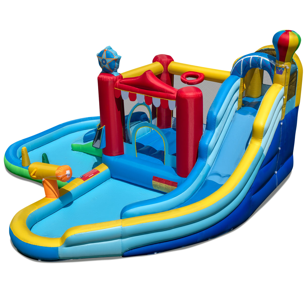 Colorful inflatable water slide and play structure on a white background
