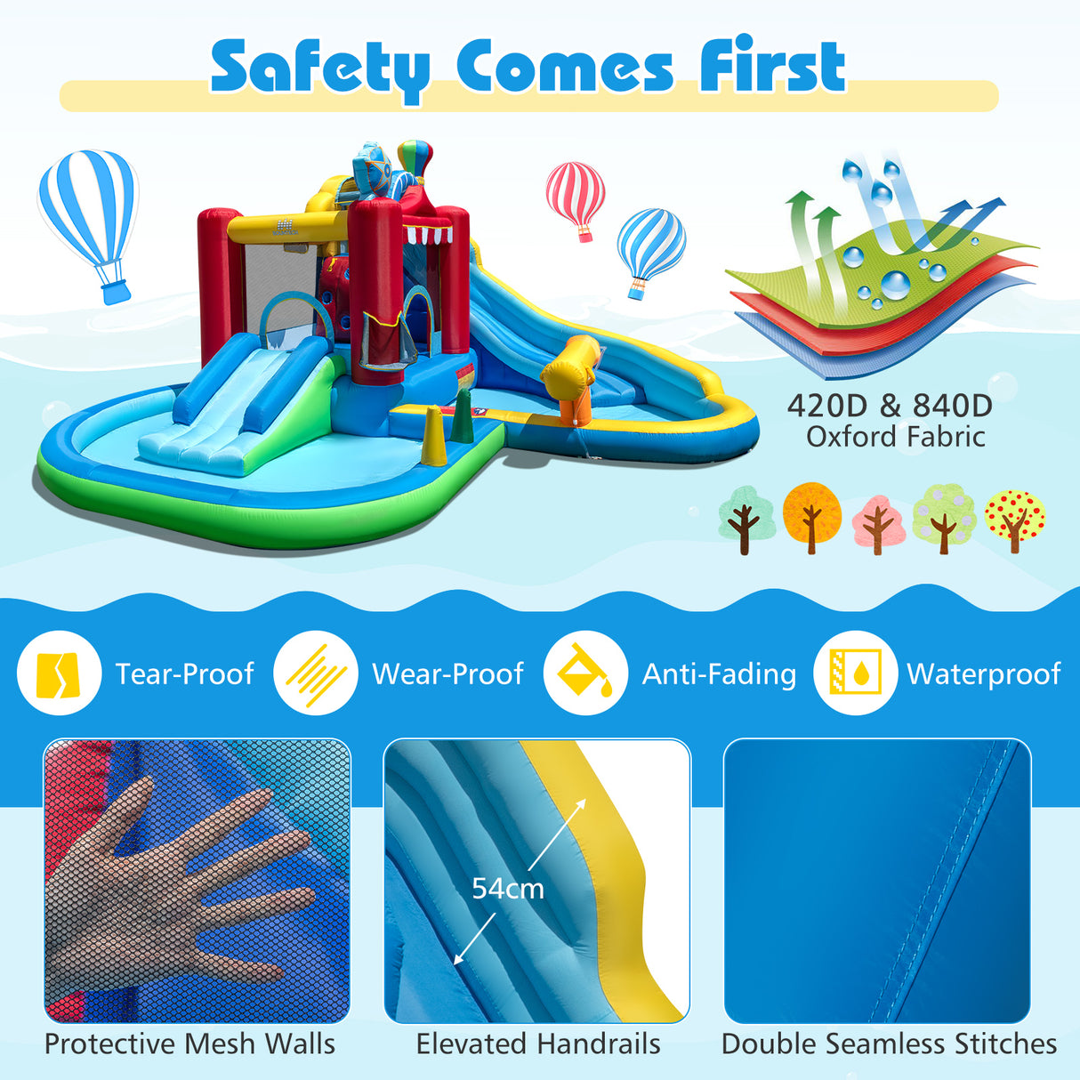 Inflatable water park with safety features highlighted on a blue background