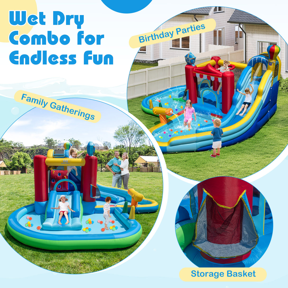 Inflatable water park with slide and pool area, suitable for family gatherings and birthday parties.