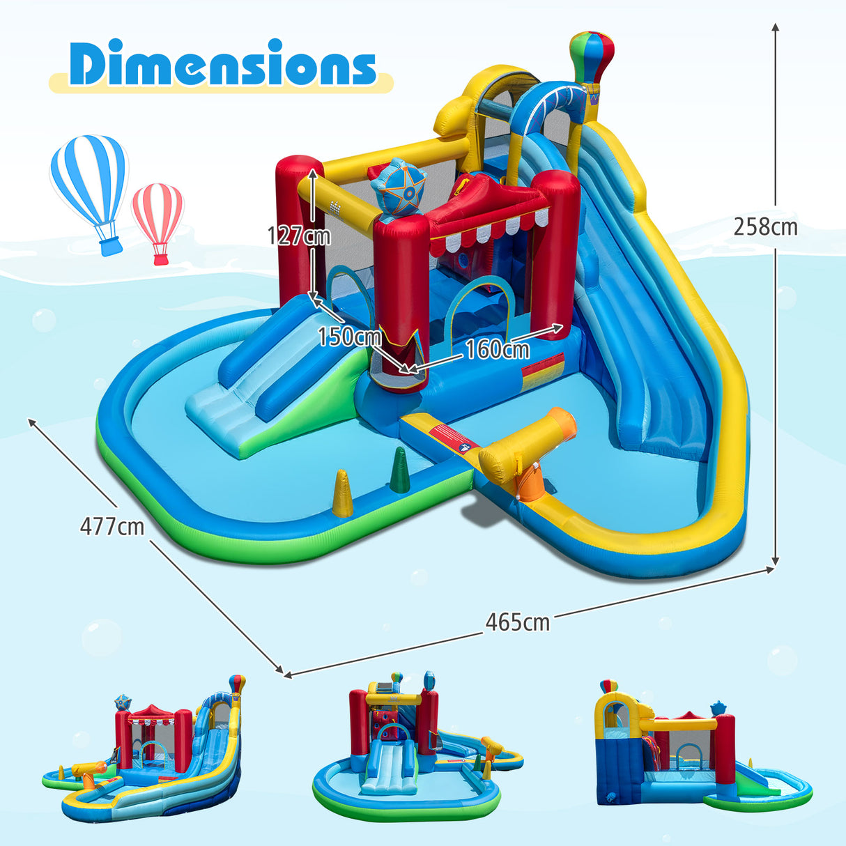 Inflatable water park with dimensions labeled on a light blue background