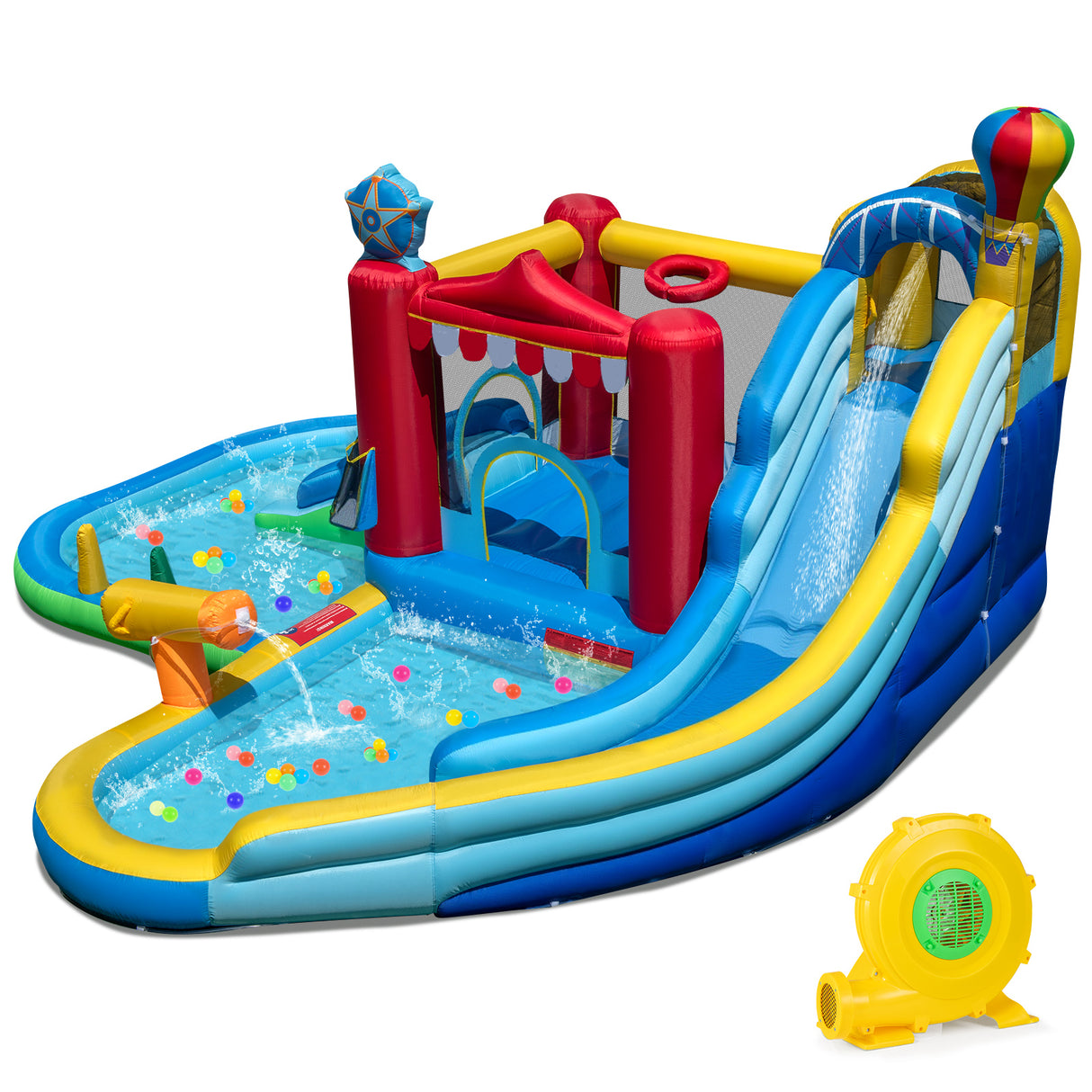 Colorful inflatable water park with slides and pools on a white background