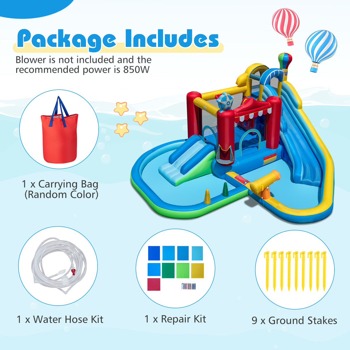 Inflatable water park with included accessories on a light blue background