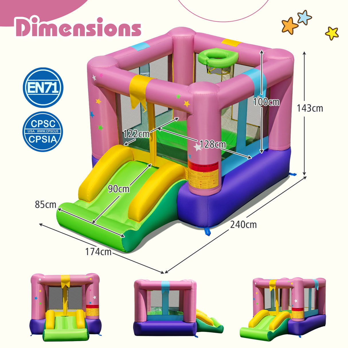 Inflatable Bounce House, Kids Bouncy Castle with Slide & Basketball Rim
