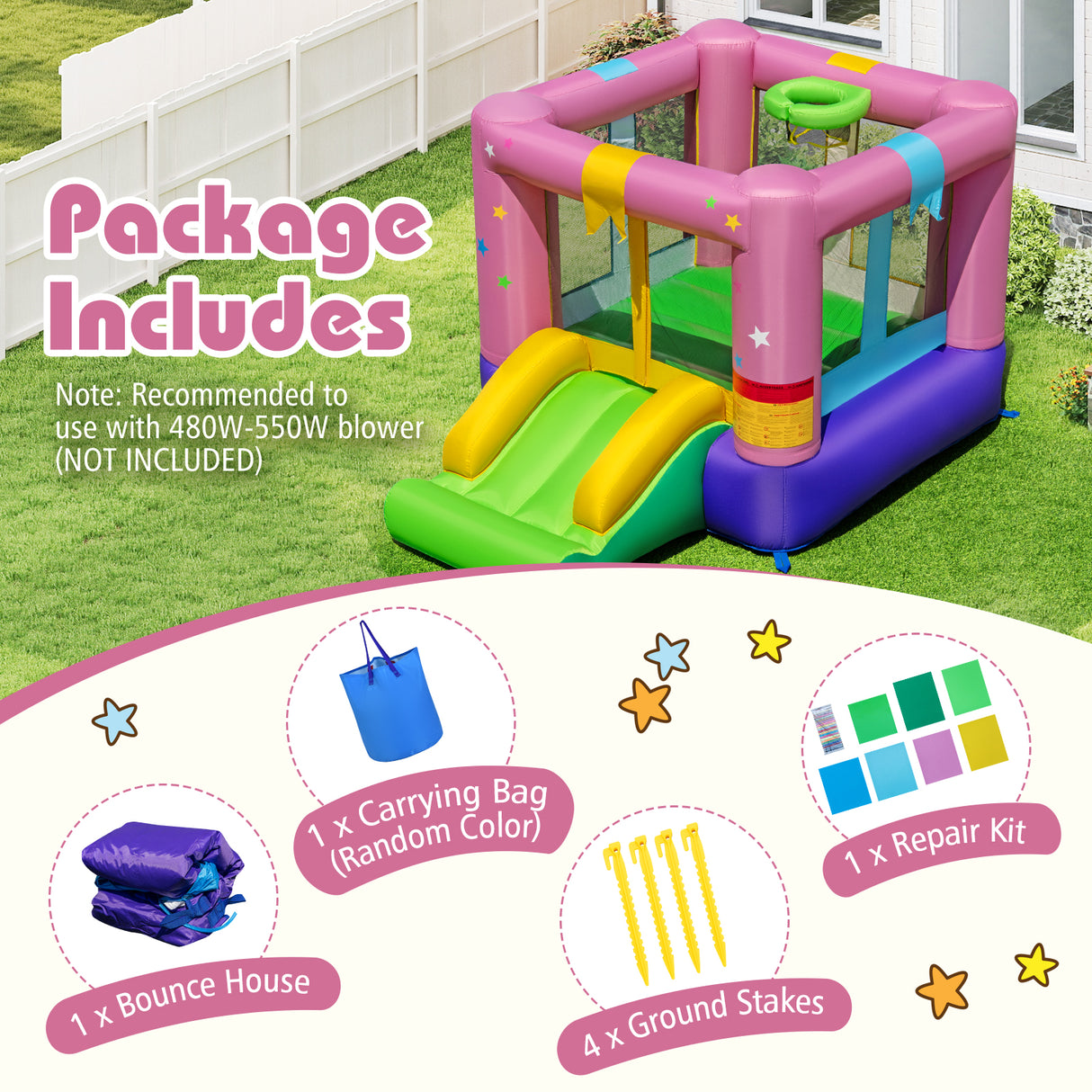 Inflatable Bounce House, Kids Bouncy Castle with Slide & Basketball Rim
