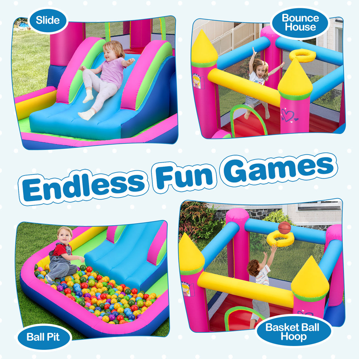 Inflatable playground with slide, bounce house, ball pit, and basket ball hoop with children playing.