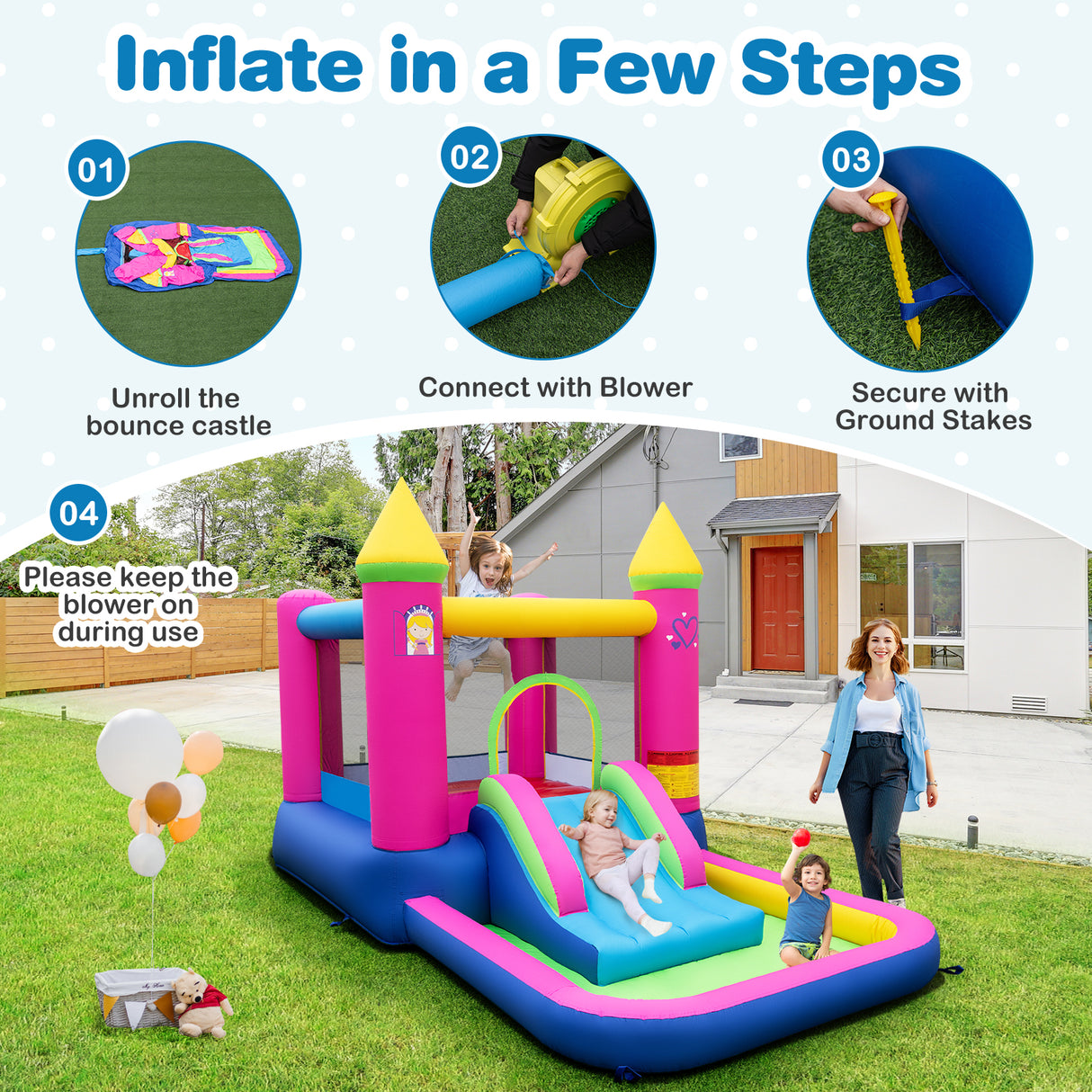 Inflatable Bounce House, 4-in-1 Kids Princess-themed Bouncer for Yard, Lawn, Party