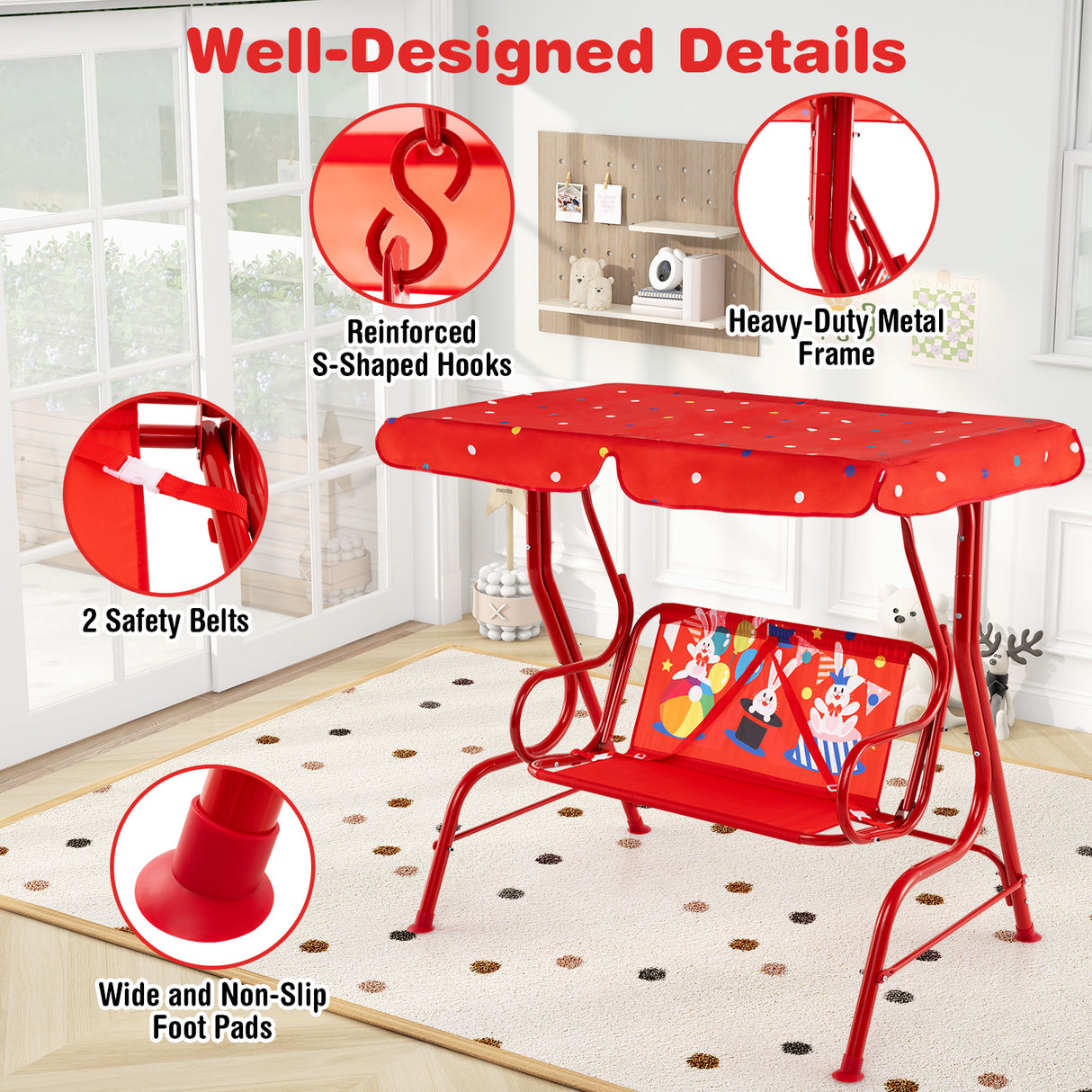 2-Seater Kids Porch Swing, Hanging Patio Swing Bench