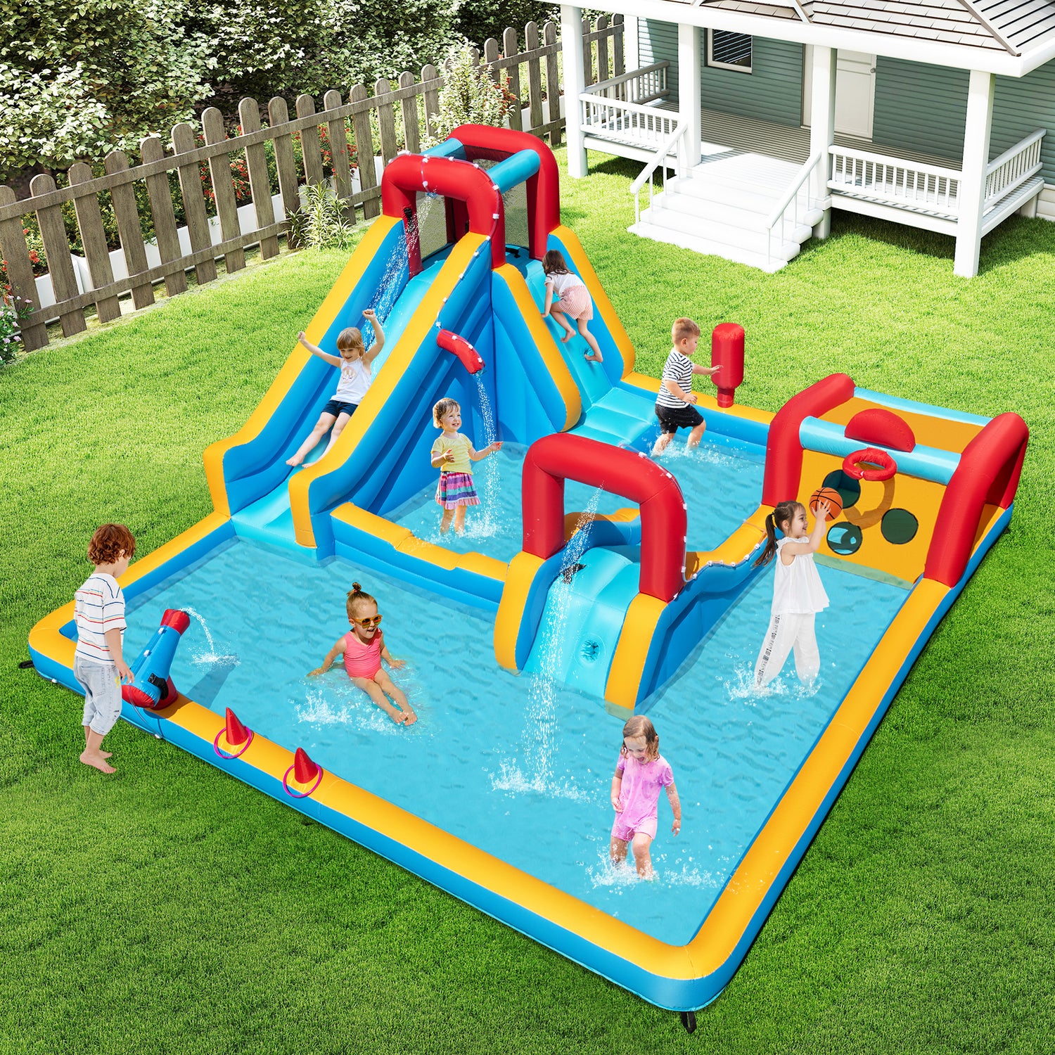 Inflatable Water Park, Water Slide with Climbing Wall Jumping House for Birthday Party