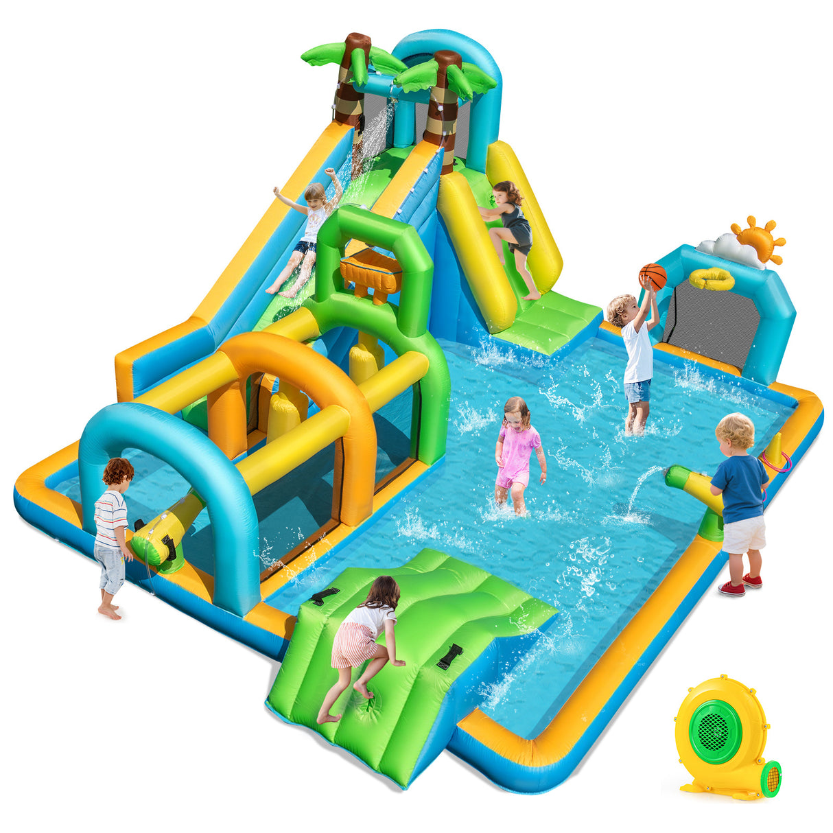 Children playing on an inflatable water park with slides and pools.