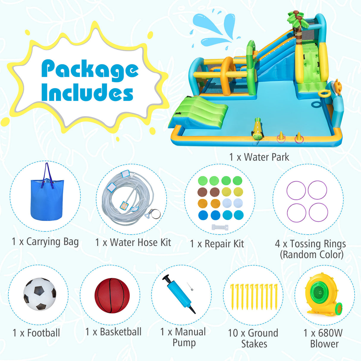 Inflatable water park with package contents listed on a white background