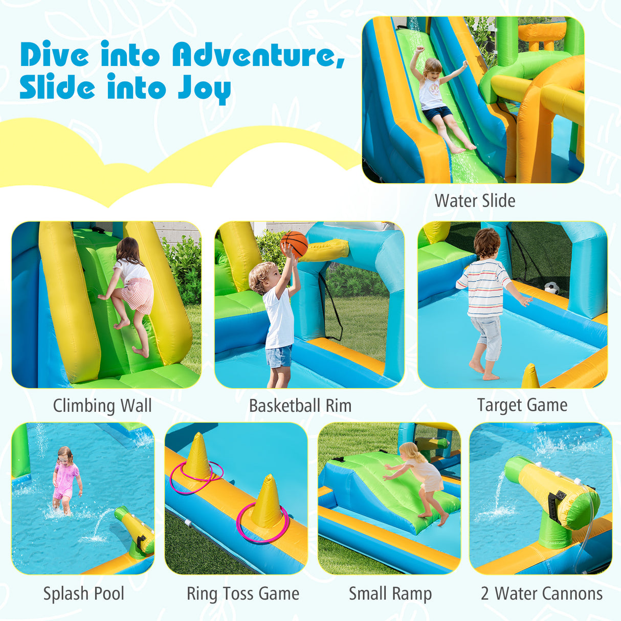 Inflatable playground with various features like water slide, climbing wall, and basketball rim, with children playing.