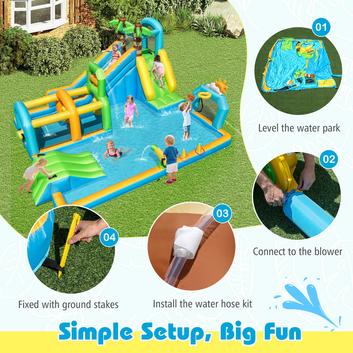 Inflatable water park with setup instructions on a grassy area