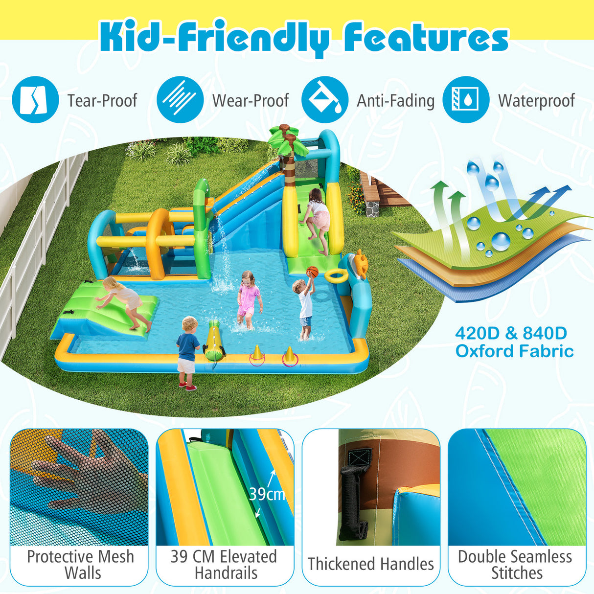 Inflatable water park with kids playing, featuring kid-friendly features like tear-proof, wear-proof, anti-fading, and waterproof materials.
