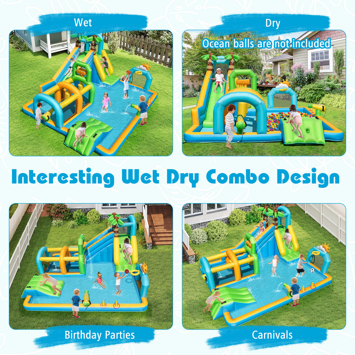 Inflatable water park with wet and dry design, showing children playing in a backyard setting.