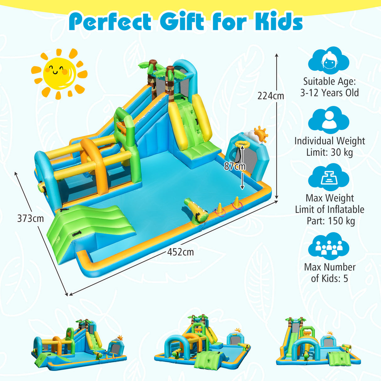 Inflatable playground with dimensions and suitability details for kids on a white background