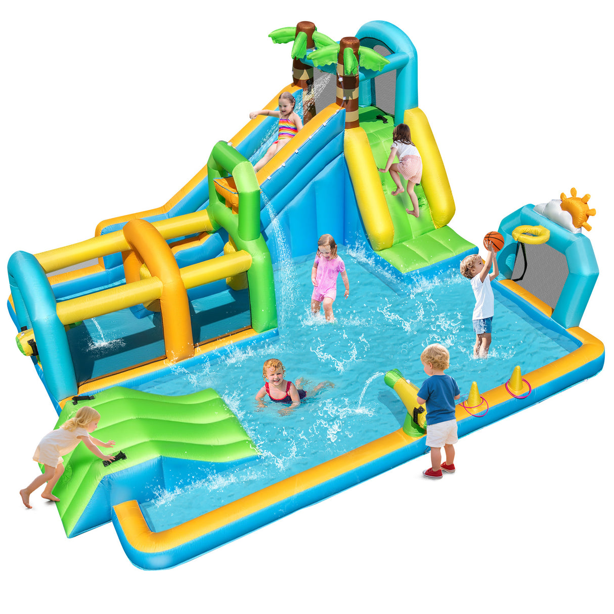Children playing on an inflatable water slide and pool with various features.