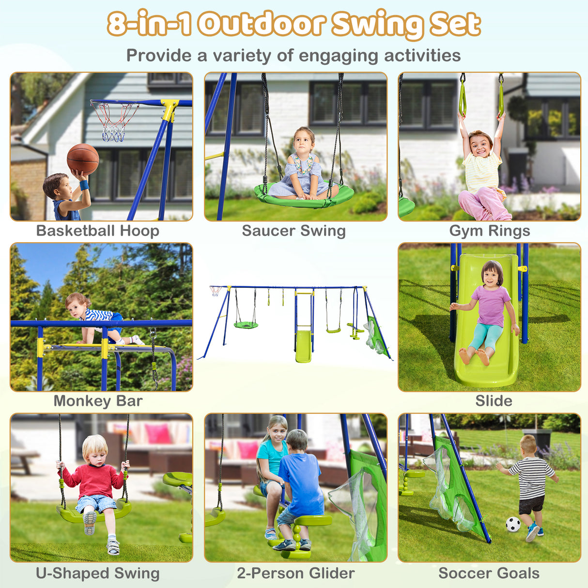 7-in-1 Outdoor Swing Set with Ground Stakes for Garden/Backyard/Park