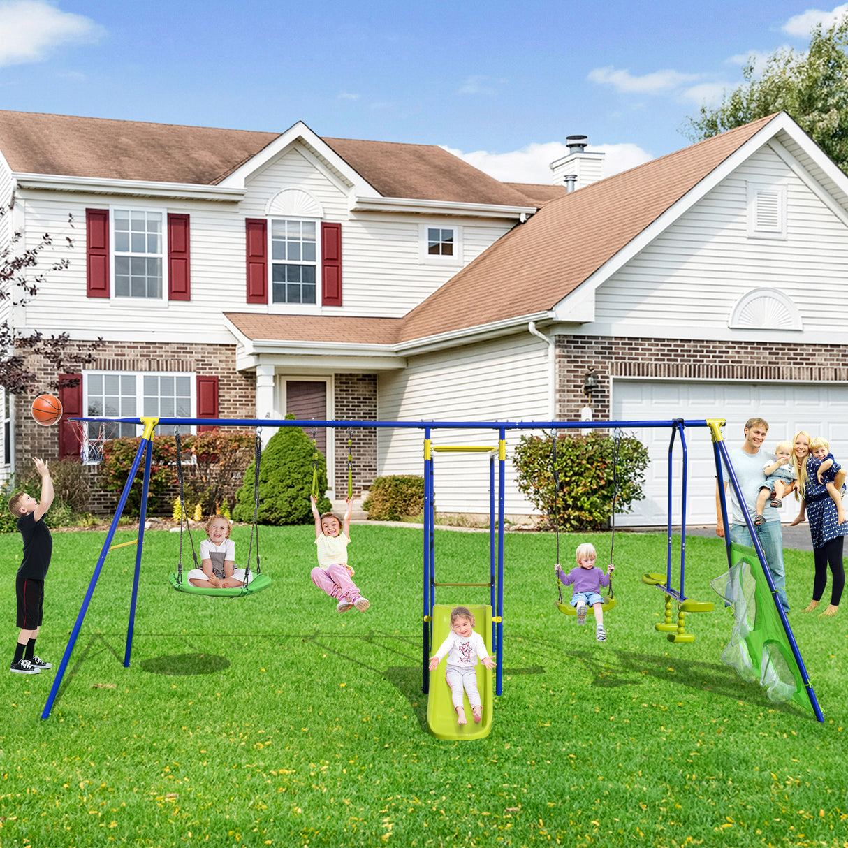 7-in-1 Outdoor Swing Set with Ground Stakes for Garden/Backyard/Park