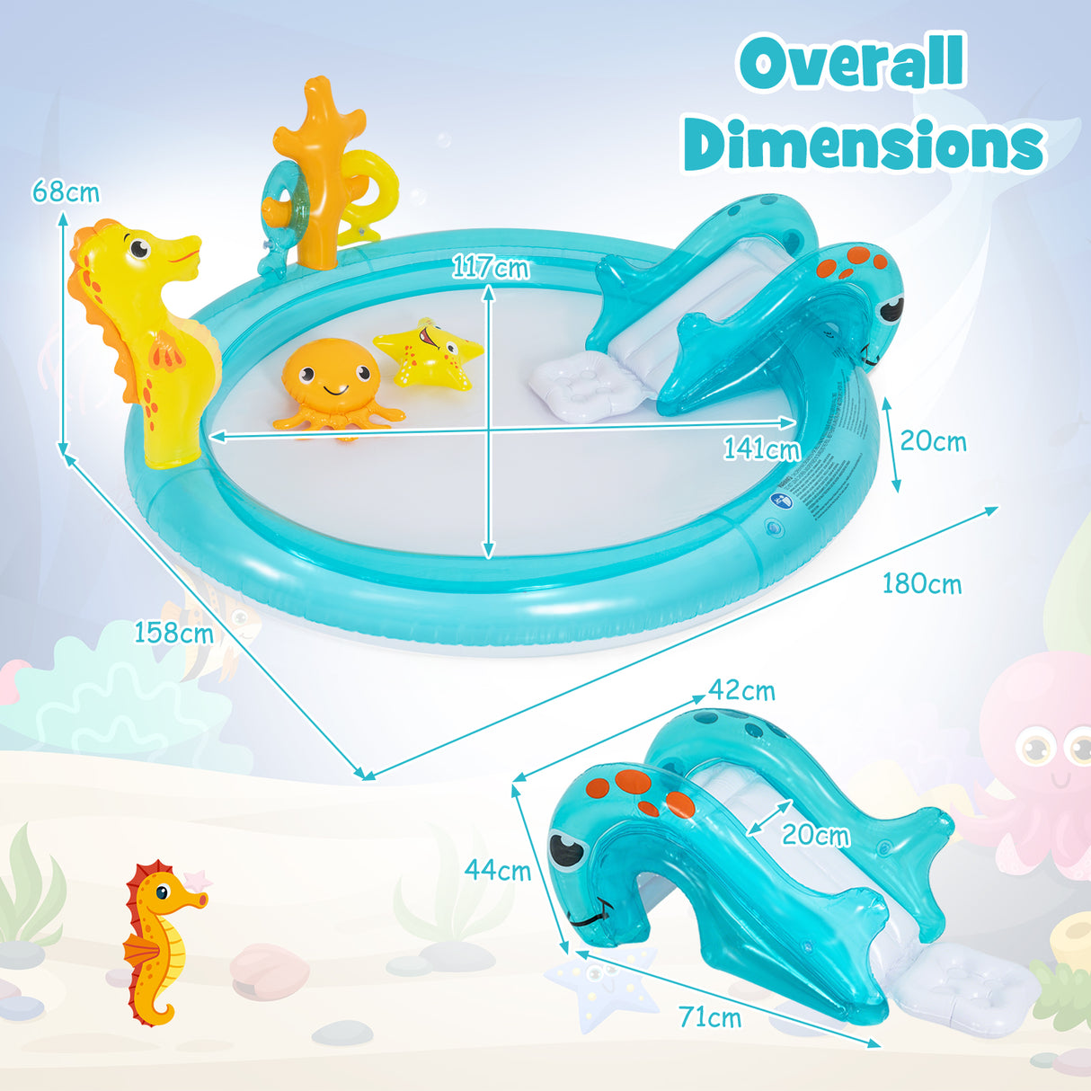 Inflatable Play Center, Marine Life Spray Pool with Slide, Seahorse-shaped Sprinkle