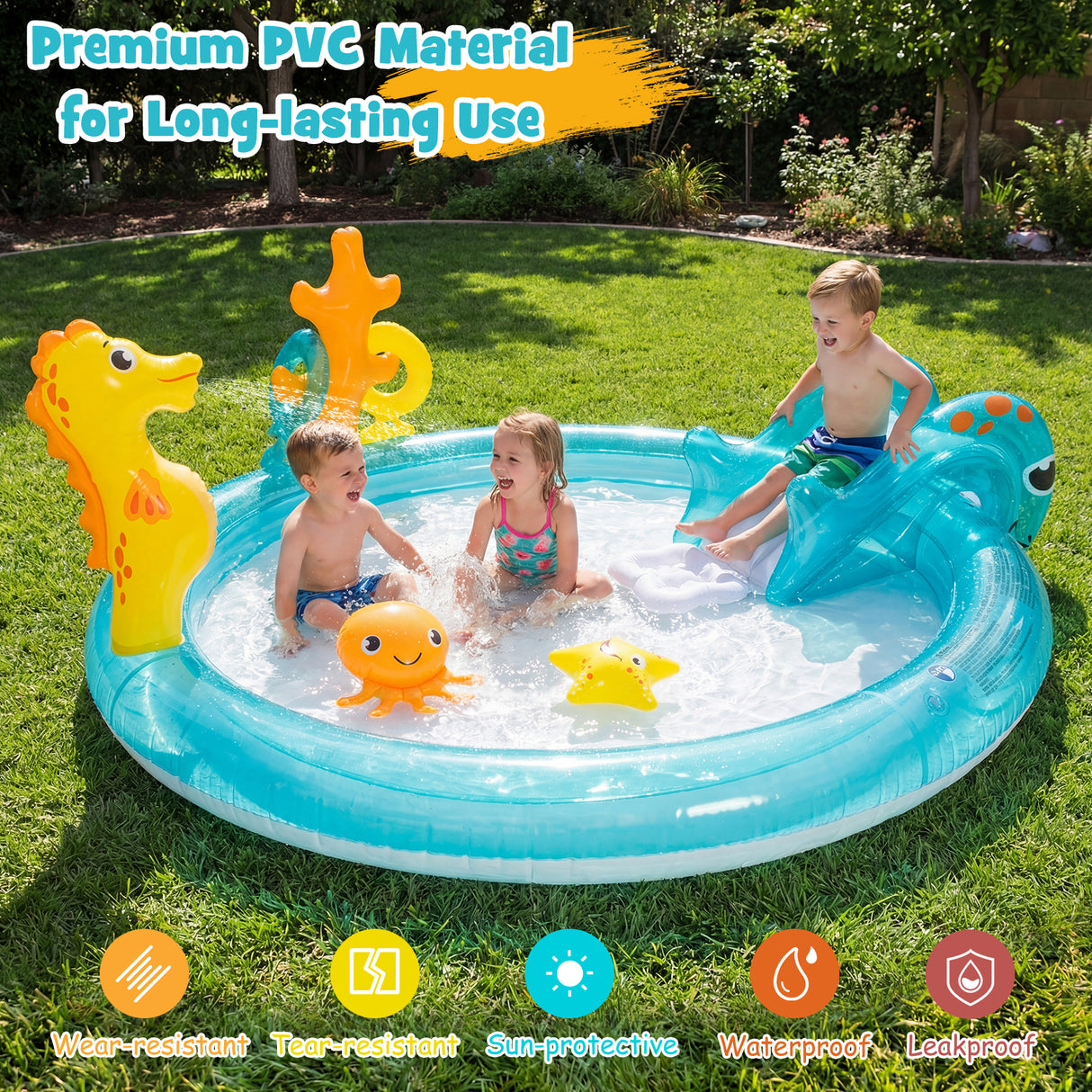 Inflatable Play Center, Marine Life Spray Pool with Slide, Seahorse-shaped Sprinkle