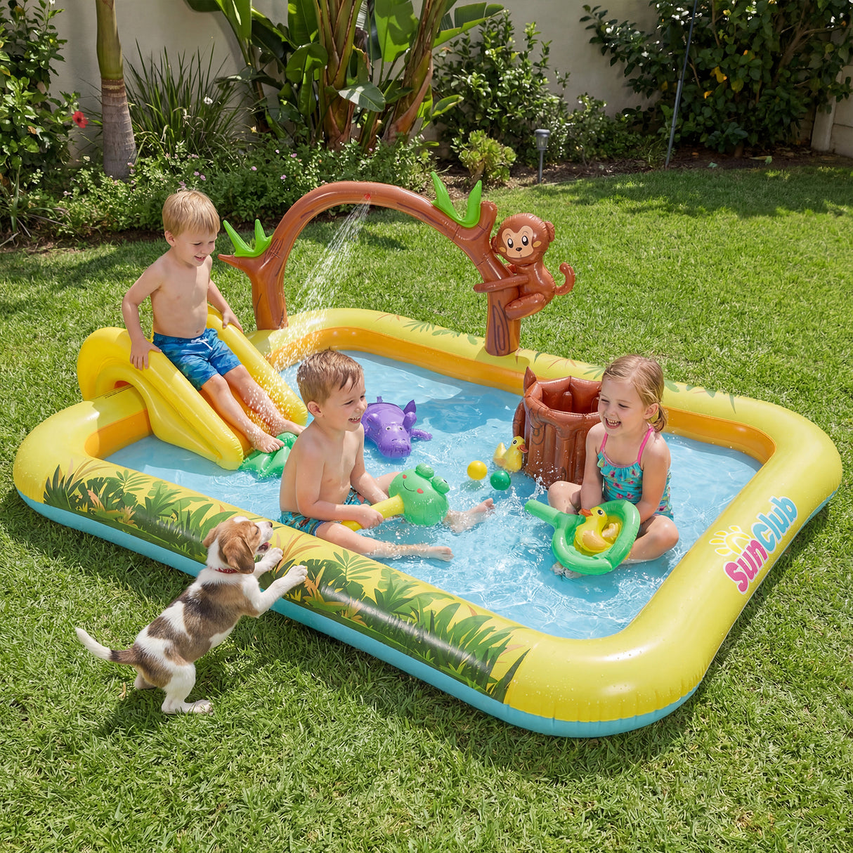 Inflatable Play Center, Animal Spray Pool with Slide, Arch-shaped Sprinkle
